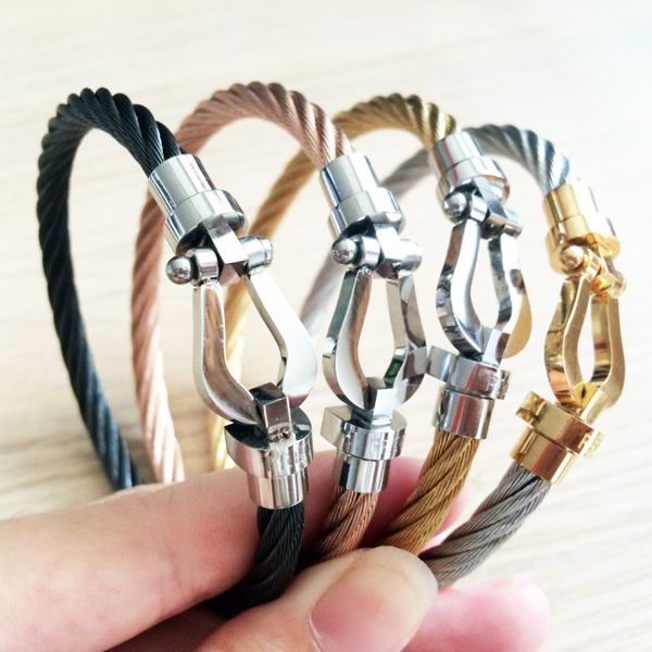 

fashion couple bangle titanium steel wire rope magnetic buckle u-shaped micro inlaid bracelet for man women, Black