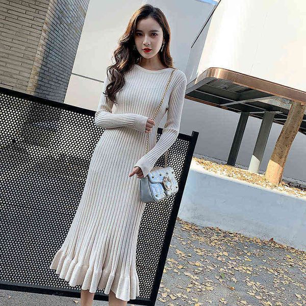 

woman casual dresses autumn and winter slim temperament fishtail skirt net red medium solid color long sleeve knitted dr, Black;gray