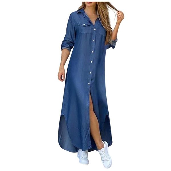

casual dresses autumn long sleeve shirt dress y2k women denim button print robe femme vestidos mujer verano roupas femininas, Black;gray