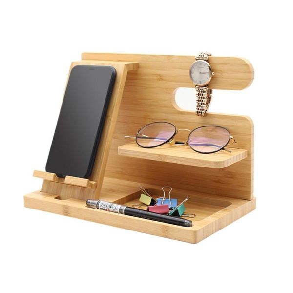 

cell phone mounts & holders multifunction wooden stand, natural bamboo / pine smartphone docking station hooks key watch holder organizer st