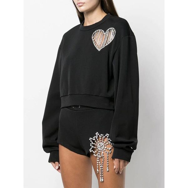

women's hoodies & sweatshirts 2021 love hollow out diamond inlaid european and american street trendsetter round neck short, Black