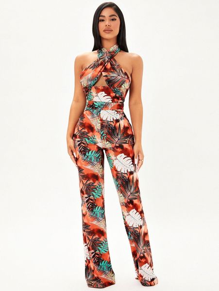 

sxy tropical print cross wrap tie backless halter jumpsuit 03pp#, White