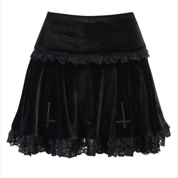 

dark gothic velvet black pleated women skirt mini punk cross embroidery lace trim patchwork high waist flared streetwear