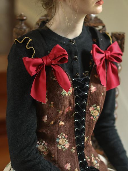 

women's vests women jacket fall winter vintage elegant slim floral coffee vest retro court style rococo lovely cute bow lolita, Black;white