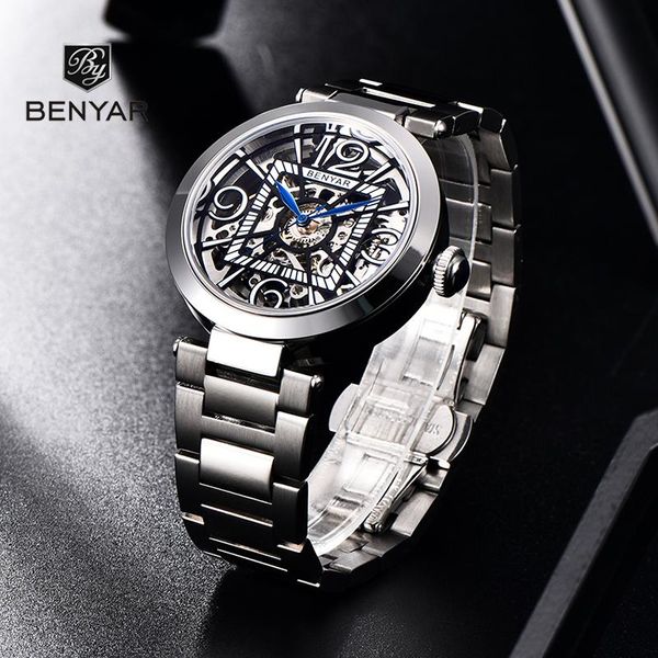 

wristwatches the latest 2021 benyar military sports matching watch mechanical automatic winding men's accessories hollow and waterproof, Slivery;brown