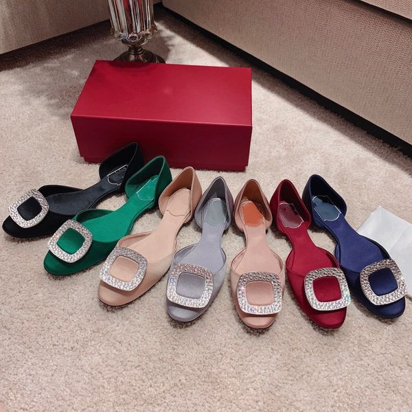 

satin leather flat sandals ladies rhinestone square mouth decoration loafers designer slip-on mules summer ladies pointed toe shoes size 35-, Black