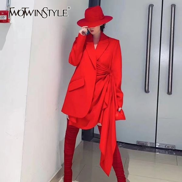 

twotwinstyle casual irregular blazer for women notched long sleeve korean black coat female autumn fashion new clothing 210330, White;black