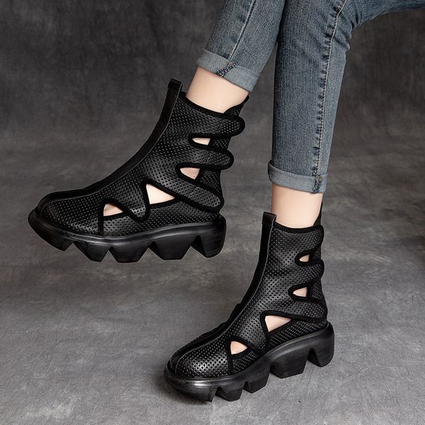 

shanghai jieju roman women's sho martin cool boots hollow out high summer velcro with slope heel and thick bottom, Black