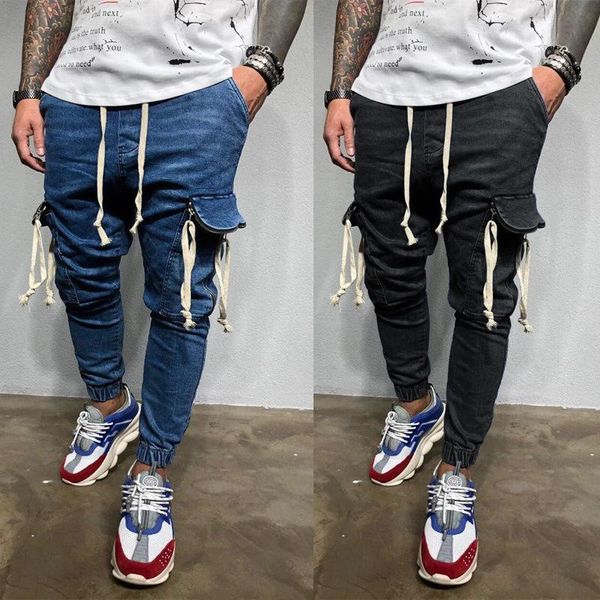 

men's jeans 2021 spring hip-hop casual pants slim personality small feet overalls trousers korean fashion clothing, Blue