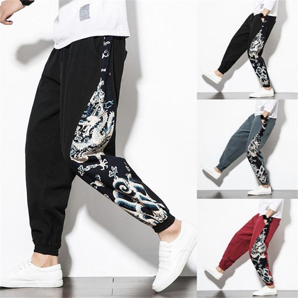 

traditional japanese style haori harem pants for men casual cotton linen trousers man print chinese dragon kimono ethnic clothing, Red