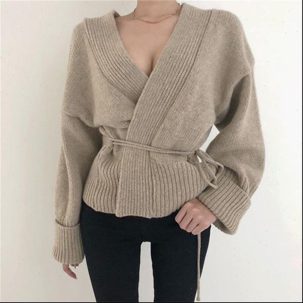 

women sweater autumn chic all match open stitch lace up cute regular high street v neck loose cardigans casual, White;black