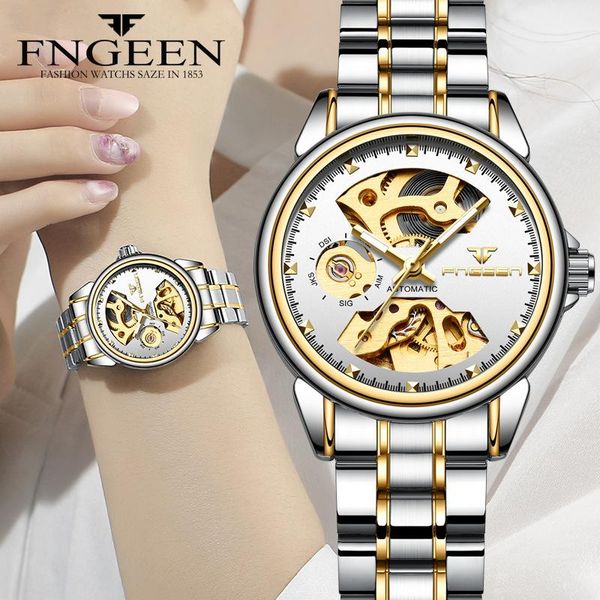 

wristwatches fashion women mechanical watch waterproof female automatic clock montre femme full steel skeleton design top, Slivery;brown