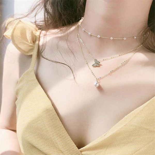 

chains creative multi-layer pearl zircon butterfly necklace simple trend elegant temperament niche women's party clavicle chain gift, Silver