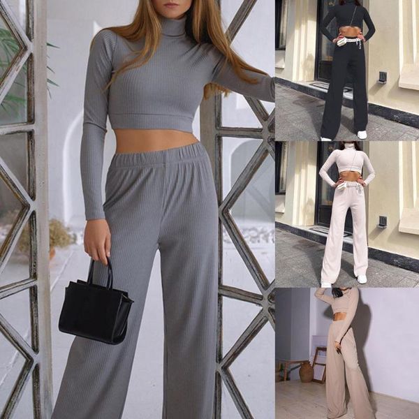 

women's pants & capris 1 set crop solid color straight leg two-piece turtleneck blouse elastic waist trousers for fitness, Black;white
