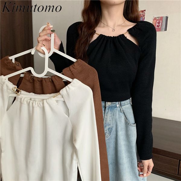 

kimutomo spring fashion knitted t-shirt women o-neck hollow out long sleeve slim waist solid korean chic 210521, White