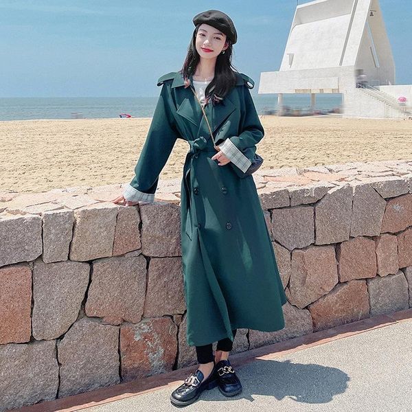 

women's trench coats windbreaker jacket spring and autumn design medium length knee retro loose fashion temperament leisure office, Tan;black