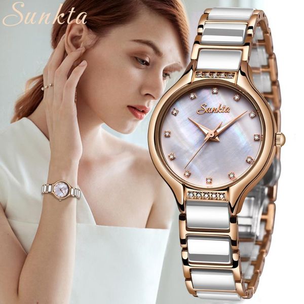 

wristwatches sunkta fashion rose gold watch women's ceramic women watches diamond simple waterproof cock montre femme, Slivery;brown