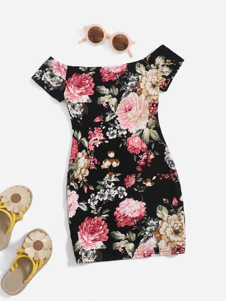 

toddler girls floral print off shoulder dress she, Red;yellow
