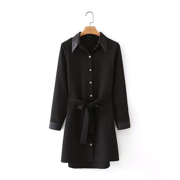 

women black dress with belt long sleeves short fashion elegant lady chic shirt-style woman es 210420, Black;gray