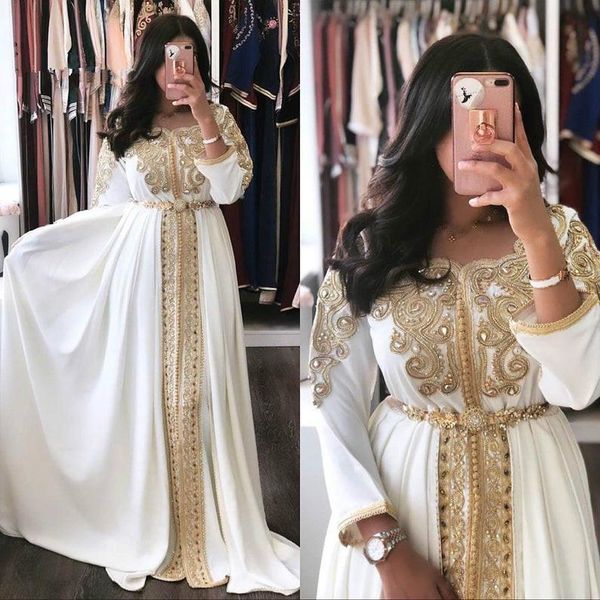 Kaftan Marokko Abendkleider Weiße Abaya Dubai Formelle Abendkleider mit Ärmeln A-Linie Perlenapplikationen Abendkleid Muslim