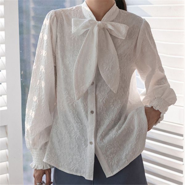 

bow basewear retro casual flare sleeves plus size florals femme ol chic gentle streetwear office lady shirts 210421, White