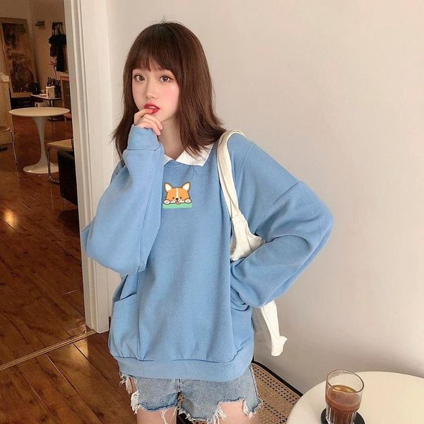 

women's hoodies & sweatshirts cute dog print pocket winter streetwear oversized sweatshirt turn-down collar tracksuit women clothing, Black