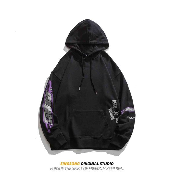 

the fine fleece hoodies men's spring and autumn wear street fashion letter printing loose hooded sports pullover, Black