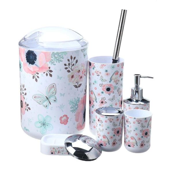

bath accessory set 6 pcs/set european flower and bird bathroom toiletries lotion bottle toothbrush holder soap dish trash can sets