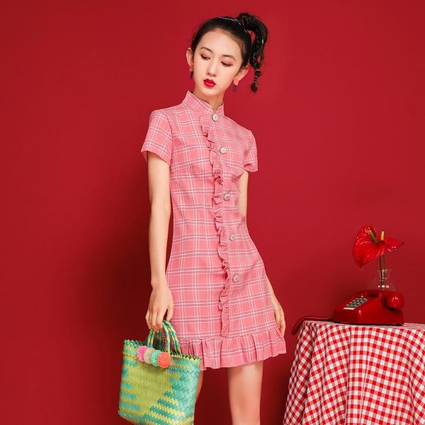 

summer women's art plaid cheongsam young women fish tail short small daily dress ethnic clothing, Red