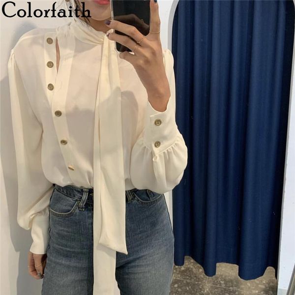 

women's blouses & shirts colorfaith 2021 women summer autumn buttons casual vintage lace up elegant irregular office wild bl2533, White