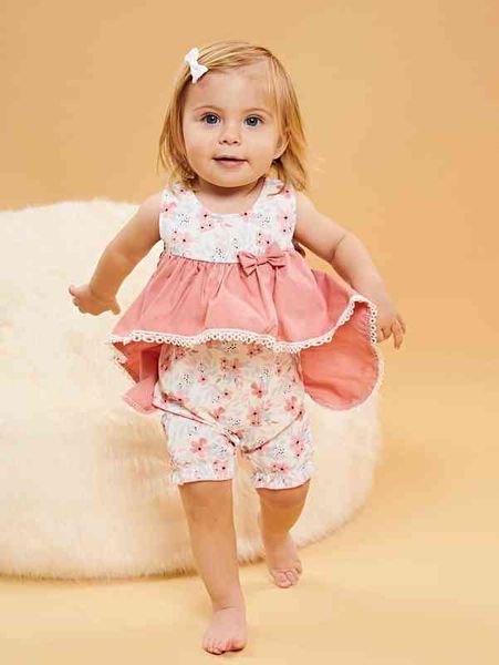 

baby floral print guipure lace insert bow front romper she, Blue