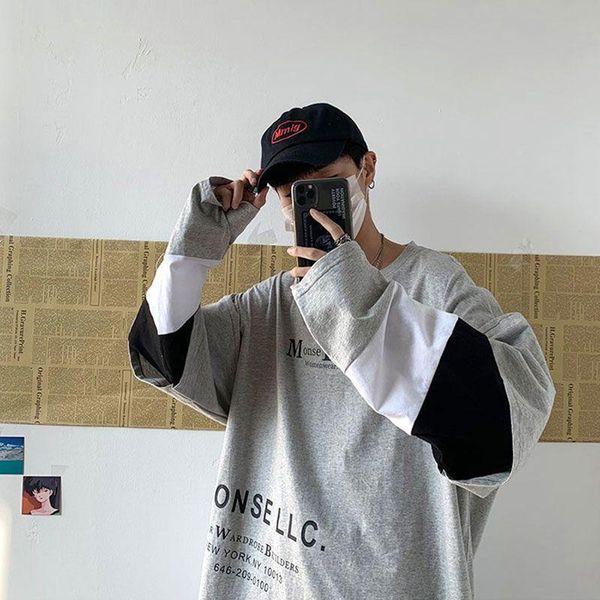 

Women's T-Shirt Autumn And Winter Color Contrast Fake Two Long Sleeve Boys' Korean Loose Stitching Top Gothic Full GB7A, White