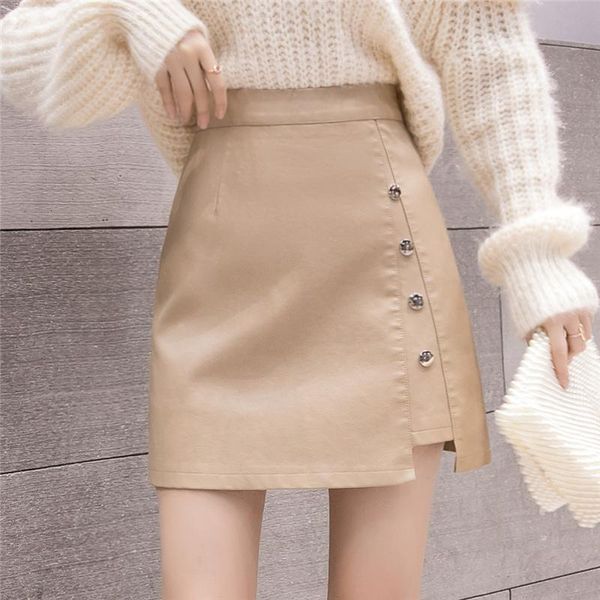 

fashion mini skirts faux leather a-line solid button empire office lady zipper womens 2021 autumn winter, Black