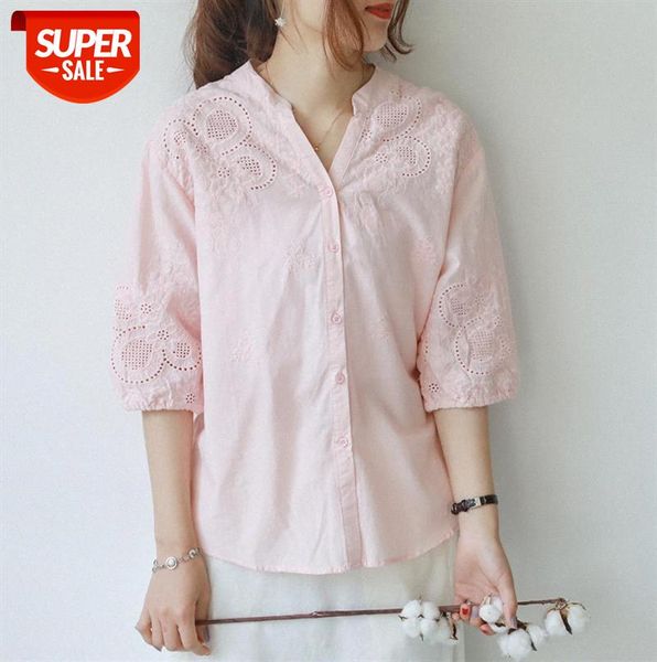 

390-0042 embroidered shirt spring women's v-neck cardigan flower fresh pure color sleeve #gb9t, Black;gray