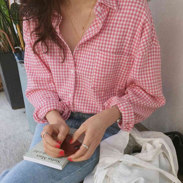 

autumn pink plaid single-breasted shirt women casual long sleeve plus size blouse loose cardigan ladies 10966 210508, White