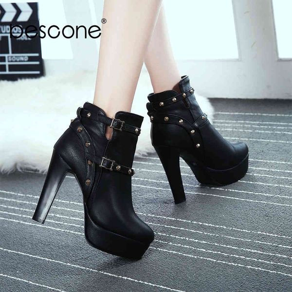 

boots bescone winter lady mid-calf comfortable round toe buckle super high heel shoes solid handmade thin women bm250 d8tp, Black