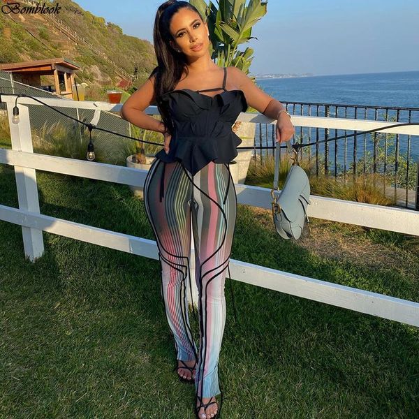 

women's pants & capris bomblook 2021 multiclolor striped high waist bandage slim stretch pencil summer women fashion streetwears, Black;white
