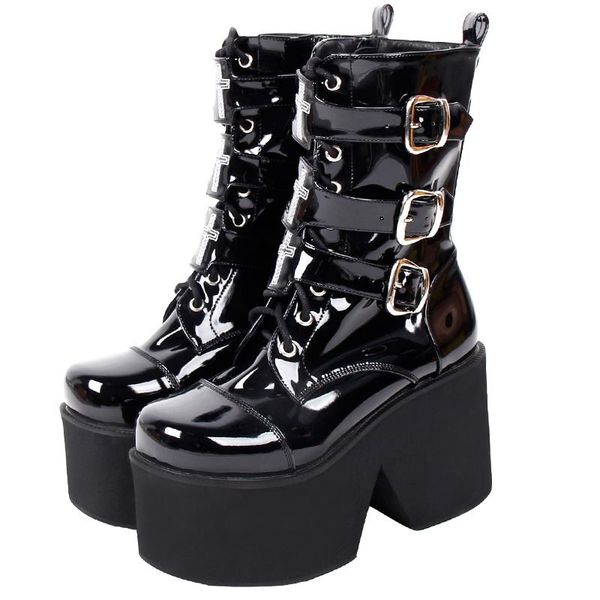

boots angelic imprint women gothic motorcycle punk ankle lady short woman high trifle heels pumps shoes 33-47 10cm 360 pl, Black