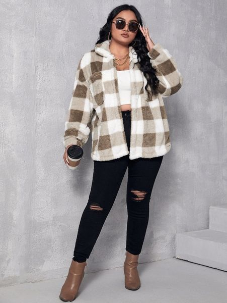 

plus gingham print dual pocket drop shoulder teddy coat c2tq#, Black