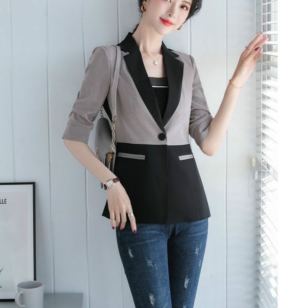 

summer ladies office suit casual plaid paneled half sleeve women's blazer fashion slim fit jacket fabric 210527, White;black