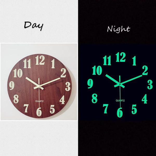 

wall clocks luminous clock,12 inch wooden silent non-ticking kitchen wallclocks with night lights for indoor/outdoor living room