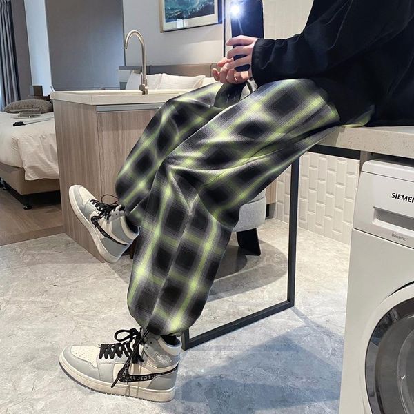 

men's pants men casual pant spring autumn plaid straight sweatpants 2021 korean ankle banded fashion drawstring jogger harem, Black