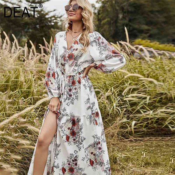 

[deat] summer new fashion tide v-neck high waist knee-length drawstring long sleeve printing loose elegant dress 13c594 210430, Black;gray