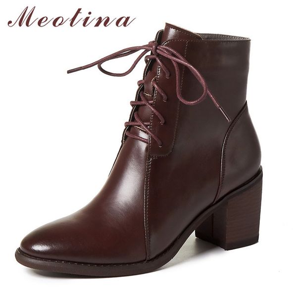 

meotina natural genuine leather high heel women boots round toe lace up ankle boots thick heels zipper short boots lady shoes 42 210520, Black