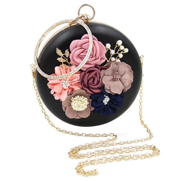 

flower clutch bags round shape wedding party evening handbag black