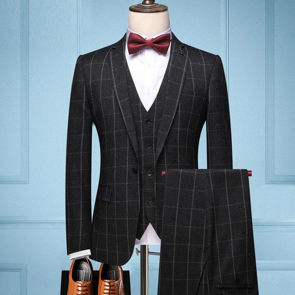 

men's fashion british plaid suit youth wedding dress business professional tailored three pieces suits & blazers, White;black