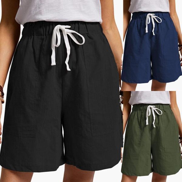 

sports casual shorts women black solid cotton linen elastic pokets wide leg pants pant short women's, White;black