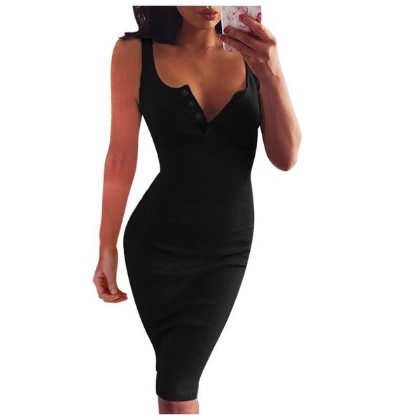 

casual dresses bodycon dress women summer 2021 solid color sleeveless v-neck button slim nightclub wrap hip sheath, Black;gray