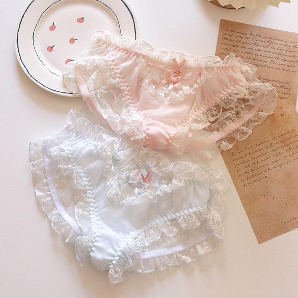 

women's panties kawaii lingerie lace underwear women girls blue pink briefs japanese cute thongs lolita panty ruffles mid-rise, Black;pink