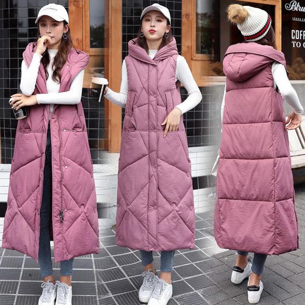 

women's vests cotton vest long section 2021 autumn and winter style padded jacket waistcoat student hooded clothing, Black;white